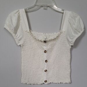 Y2K Mudd Top Juniors S Cream Smocked Milkmaid Puff Cap Sleeve Square Neck Knit